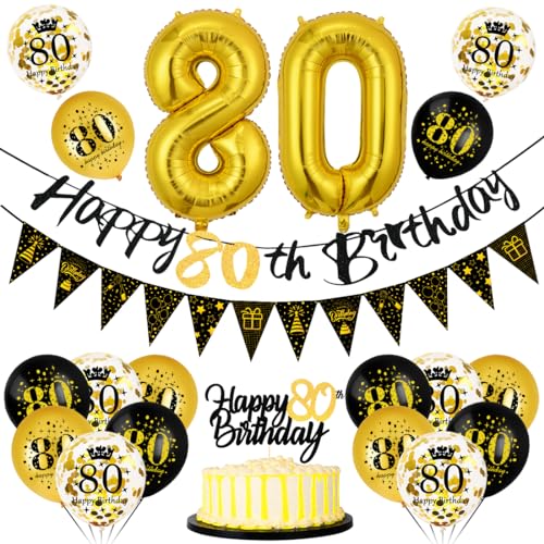 80 Geburtstag Deko Mann Frau, Luftballon 80 Geburtstag Schwarz Gold, 80 Happy Birthday Banner Wimpelkette, Folienballon Zahl 80, Cake Topper Schwarz Gold für 80 Geburtstag Party Dekoration 80 Geburtstag Deko Mann Frau, Luftballon 80 Geburtstag Schwarz Gold, 80 Happy Birthday Banner Wimpelkette, Folienballon Zahl 80, Cake Topper Schwarz Gold für 80 Geburtstag Party Dekoration von Bluelves