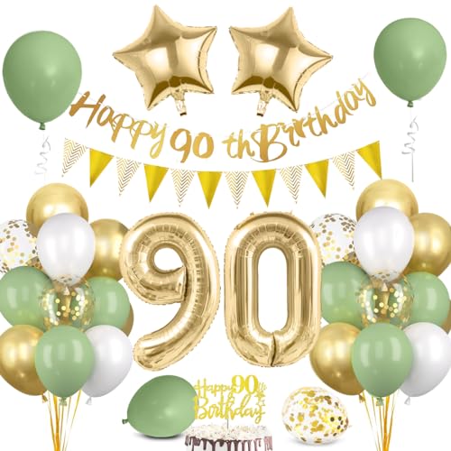 90 Geburtstag Deko Mann Frau, Luftballon 90 Geburtstag Grün Gold, 80 Happy Birthday Banner Wimpelkette, Folienballon Zahl 90, Cake Topper für 90 Geburtstag Party Dekoration von Bluelves
