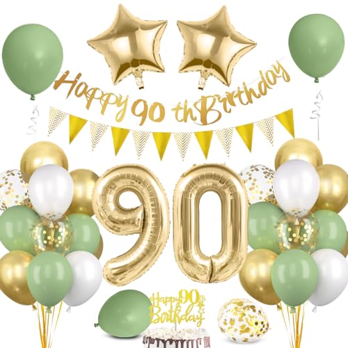 90 Geburtstag Deko Mann Frau, Luftballon 90 Geburtstag Grün Gold, 90 Happy Birthday Banner Wimpelkette, Folienballon Zahl 90, Cake Topper für 90 Geburtstag Party Dekoration von Bluelves