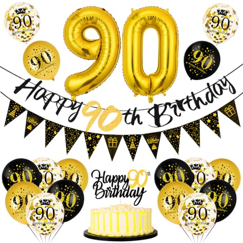 90 Geburtstag Deko Mann Frau, Luftballon 90 Geburtstag Schwarz Gold, 90 Happy Birthday Banner Wimpelkette, Folienballon Zahl 90, Cake Topper Schwarz Gold für 90 Geburtstag Party Dekoration 90 Geburtstag Deko Mann Frau, Luftballon 90 Geburtstag Schwarz Gold, 90 Happy Birthday Banner Wimpelkette, Folienballon Zahl 90, Cake Topper Schwarz Gold für 90 Geburtstag Party Dekoration von Bluelves