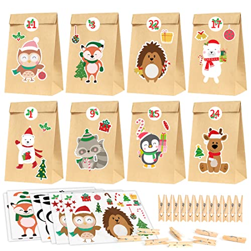 Adventskalender zum Befüllen kinder, 24 tüten Adventskalender, Adventskalender Verpackung, DIY Papiertüten mit 24 Adventskalender Selber Basteln für Kinder Weihnachtstiere Zahlenaufklebern von Bluelves