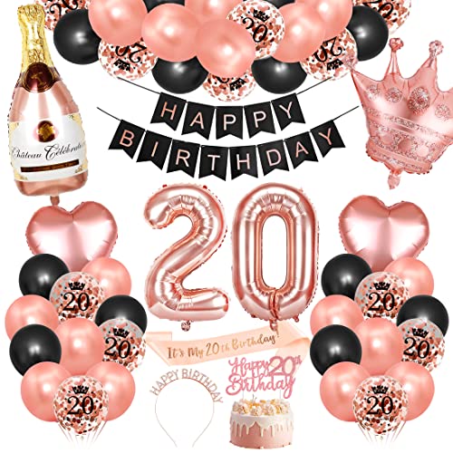 Bluelves 20. Geburtstag Dekorationen Mädchen, Rosegold Schwarz Deko zum 20 Geburtstag, 20 er geburtstag Happy Birthday Banner Girlande Konfetti luftballon,Geburtstagsdeko für mädchen von Bluelves