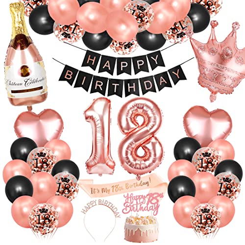 Bluelves 18. Geburtstag Dekorationen Mädchen, Rosegold Schwarz Deko zum 18 Geburtstag, 18 er geburtstag Happy Birthday Banner Girlande Konfetti luftballon,Geburtstagsdeko für mädchen von Bluelves