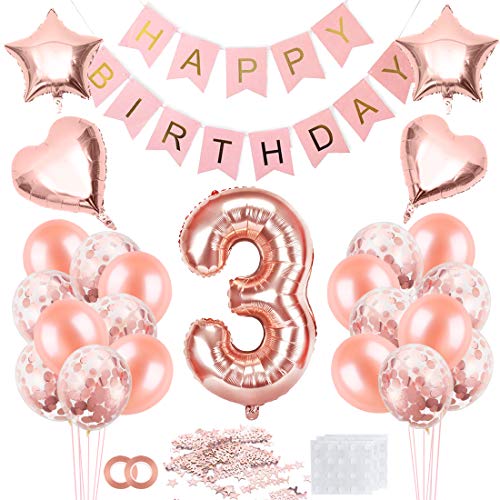 3 Jahre Geburtstag Mädchen, 3 Geburtstag Mädchen Rosegold, Luftballon 3 Geburtstag Mädchen, Geburtstagsdeko 3 Happy Birthday Banner, Konfetti 3 Geburtstag, Geburtstagsdeko Rosegold von Bluelves