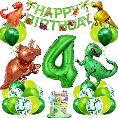 Dino Geburtstag Deko Set, 4 Jahre Kindergeburtstag Dino Ballons, XXL Dinosaurier Folienballon Grün, Zahlenballon 4 Geburtstag mit Happy Birthday Banner für Junge Mädchen Geburtstag Party Deko von Bluelves