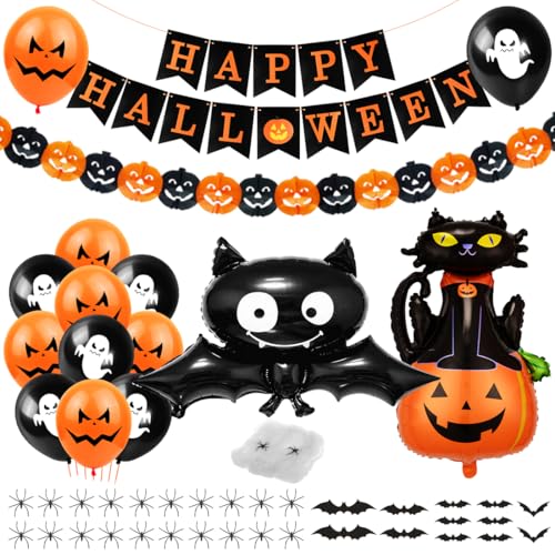 Halloween Deko, Halloween Luftballons, Halloween Dekoration Kinder, Happy Halloween Banner, Halloween Spinnennetz, Fledermaus Aufkleber, Foilenballons Fledermaus Katze für Garten Party Deko Halloween Deko, Halloween Luftballons, Halloween Dekoration Kinder, Happy Halloween Banner, Halloween Spinnennetz, Fledermaus Aufkleber, Foilenballons Fledermaus Katze für Garten Party Deko von Bluelves