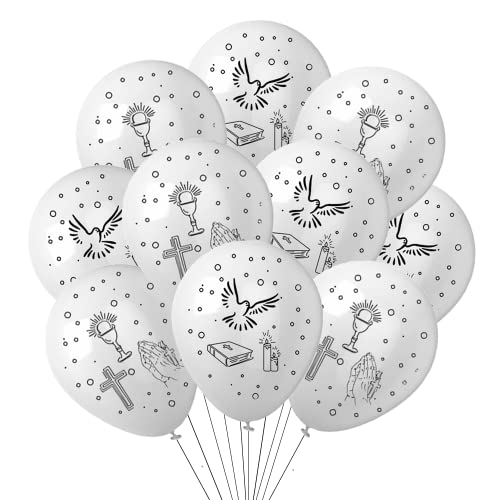 Bluelves Kommunion Deko Ballon, 50 Luftballons Kommunion Set, Konfirmation Deko Mädchen Junge, Weiß Luftballons für Konfirmation Kommunion, Taube,Kerze,Kreuz von Bluelves