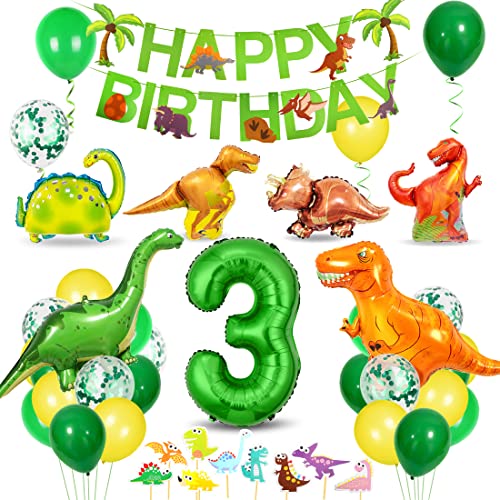 Bluelves Dino Geburtstag Deko 3 jahre, Deko Dinosaurier Geburtstag,Geburtstag Deko 3 jahre junge,Dino Party Kindergeburtstag, Luftballons Grün für Dinosaurier Party Dschungel Party Kinder von Bluelves