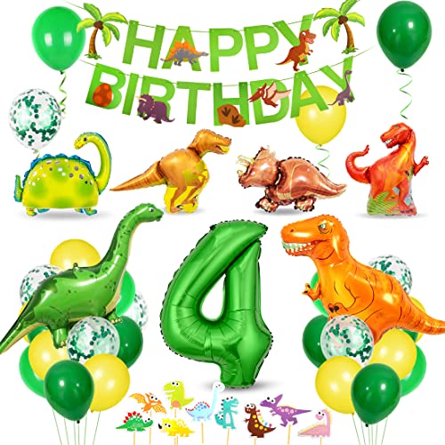 Bluelves Dino Geburtstag Deko 4 jahre, Deko Dinosaurier Geburtstag,Geburtstag Deko 4 jahre junge,Dino Party Kindergeburtstag, Luftballons Grün für Dinosaurier Party Dschungel Party Kinder von Bluelves
