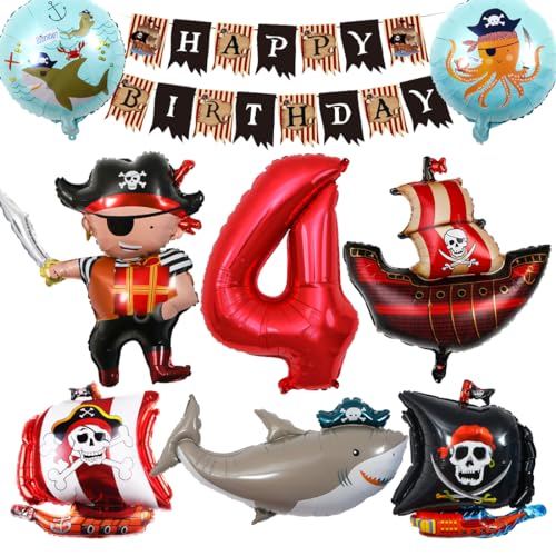 Bluelves Piraten Kindergeburtstag Luftballons 4 Jahre,Piratenschif Folienballons Geburtstagsdeko,Ozean Tiere Hai Helium Luftballon,Piratenschiff Ballons Deko für 4 Jahr Kinder Geburtstagsfeier von Bluelves
