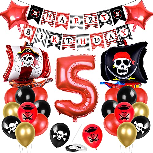Bluelves Piratenschiff Luftballons Set, Piratenschiff Geburtstag Deko, Geburtstagsdeko 5 Jahr Jungen, Luftballon 5 piratenparty Kindergeburtstag, 5 Jahr piratenparty deko von Bluelves