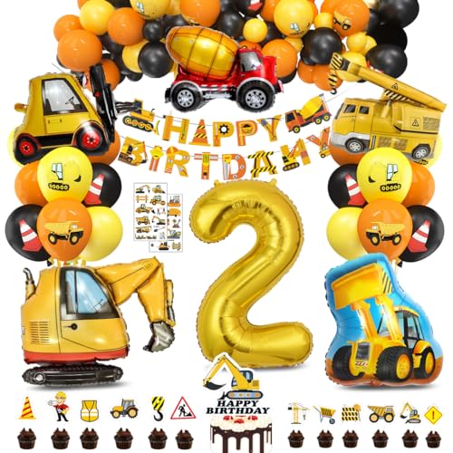 Bluelves XXL Bagger Deko Kindergeburtstag 2,Baustellen Geburtstagdeko Junge 2 Jahre,BAU Party Dekoration,Baustelle Luftballons Geburtstag mit Bagger Happy Birthday Banner und Bagger Kuchen Deko von Bluelves