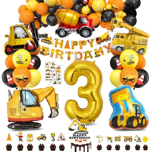 Bluelves XXL Bagger Deko Kindergeburtstag 3,Baustellen Geburtstagdeko Junge 3 Jahre,BAU Party Dekoration,Baustelle Luftballons Geburtstag mit Bagger Happy Birthday Banner und Bagger Kuchen Deko von Bluelves