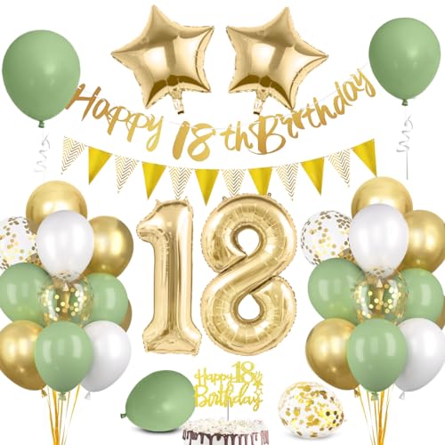 Deko 18. Geburtstag Junge Mädchen - Luftballons Grün Gold, Happy Birthday Banner Wimpelkette, Folienballon Zahl 18, Cake Topper für Party Dekoration Deko 18. Geburtstag Junge Mädchen - Luftballons Grün Gold, Happy Birthday Banner Wimpelkette, Folienballon Zahl 18, Cake Topper für Party Dekoration von Bluelves
