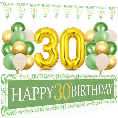 Deko 30. Geburtstag Frau, Grün Gold Dekoration Set - Lange Happy 30th Birthday Banner, Luftballons und Dreieckige Flaggen für Frauen und Männer Deko 30. Geburtstag Frau, Grün Gold Dekoration Set - Lange Happy 30th Birthday Banner, Luftballons und Dreieckige Flaggen für Frauen und Männer von Bluelves