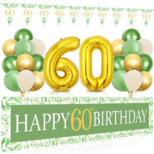 Deko 60 Geburtstag Frau, 60 Geburtstag Deko Grün Gold, Lange Happy 60th Birthday Banner 210×40cm, Luftballon 60. Geburtstag und Dreieckiges Flaggen, Grün Gold Geburtstagsdeko für 60 Frauen Mann von Bluelves