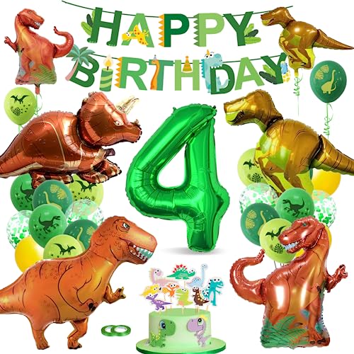 XXL Dino Geburtstag Deko 4 Jahre,Bluelves Dinosaurier Geburtstagsdeko Jungen 4 Jahre, Grüner Luftballons Dino,Dschungel Folienballon Zahlenballon 4 für Dinosaurier Party Kindergeburtstag von Bluelves