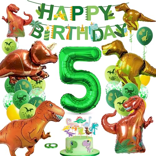 XXL Dino Geburtstag Deko 5 Jahre,Bluelves Dinosaurier Geburtstagsdeko Jungen 5 Jahre,Grüner Luftballons Dino,Dschungel Folienballon Zahlenballon 5 für Dinosaurier Party Kindergeburtstag von Bluelves