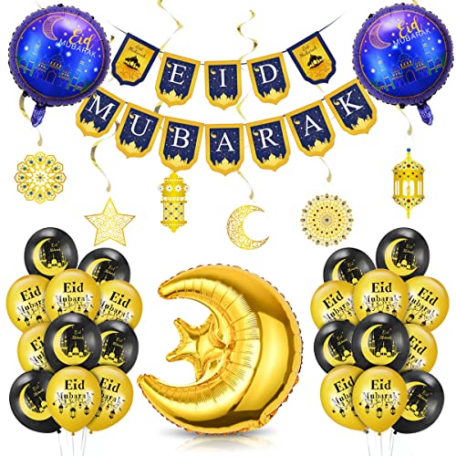 Eid Mubarak Dekoration Schwarz Gold, Eid Mubarak Ballon Luftballons, Eid Mubarak Banner Aufhängen, Stern Mond Folienballon für Eid Ramadan Mubarak Partydeko von Bluelves