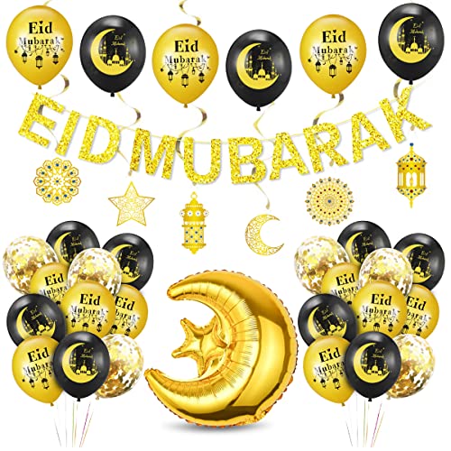 Eid Mubarak Dekoration Schwarz Gold, Eid Mubarak Ballon Luftballons, Eid Mubarak Banner Aufhängen, Stern Mond Folienballon für Eid Ramadan Mubarak Partydeko von Bluelves