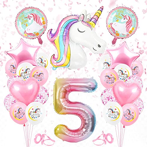 Einhorn 5 Geburtstag Deko, Geburtstagsdeko 5. Mädchen, Folienballon Einhorn Deko, 5 Jahr Geburtstag Luftballons Rosa, Einhorn Themen Ballons für 5 Jahre Mädchen Geburtstag Party von Bluelves