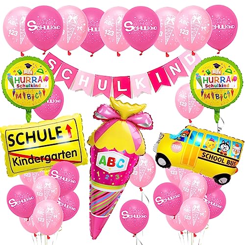 Einschulung Deko Mädchen, Schulkind Deko Mädchen, Schuleinführung Schulanfang Deko Set - Rosa Schulkind Banner + Einschulung Zuckertüte Folienballon + Schulanfang Latex Ballons von Bluelves