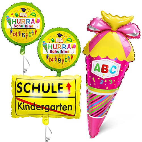 Einschulung Deko Mädchen Rosa, Zuckertüten Folienballon + SCHULE Kindergarten Ballon + 2 HURRA Schulkind Folien Ballons, Deko für Einschulung Schuleinführung Schulanfang Schulstart Schule für Mädchen von Bluelves