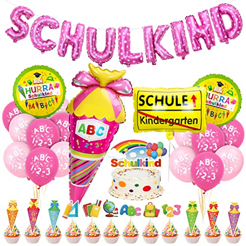 Einschulung Schuleinführung Schulanfang Deko Set für Mädchen, Geschenk Einschulung Mädchen Deko Rosa, SCHULKIND Rosa Banner + HURRA Schulkind Schulanfang Folienballon + Zuckertüte Luftballons mit ABC Einschulung Schuleinführung Schulanfang Deko Set für Mädchen, Geschenk Einschulung Mädchen Deko Rosa, SCHULKIND Rosa Banner + HURRA Schulkind Schulanfang Folienballon + Zuckertüte Luftballons mit ABC von Bluelves