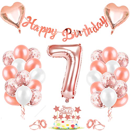 Bluelves Luftballon 7. Geburtstag Mädchen, Geburtstagsdeko 7 Jahre Mädchen, Luftballon 7 Rosegold, Folienballon 7 Mädchen, Happy Birthday Banner, Ballon 7 Rosegold für Mädchen Geburtstag Party von Bluelves