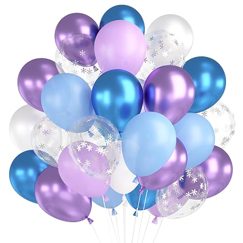 Luftballons Blau Lila Weiß, 60 Stück Frozen Luftballons Blau Lila Geburtstag, Latexballons Lila Blau Metallic Ballons, Schneeflocken Konfetti Luftballons für Frozen Geburtstag Party Deko Mädchen von Bluelves