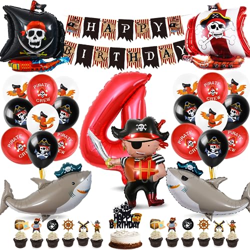 Piraten Geburtstag Deko Set, 4 Jahre Kindergeburtstag Piraten Deko, 4. Geburtstag Luftballon mit Happy Birthday Banner, Piraten Folienballon und Tortendeko für Junge Mädchen Geburtstag Halloween Piraten Geburtstag Deko Set, 4 Jahre Kindergeburtstag Piraten Deko, 4. Geburtstag Luftballon mit Happy Birthday Banner, Piraten Folienballon und Tortendeko für Junge Mädchen Geburtstag Halloween von Bluelves