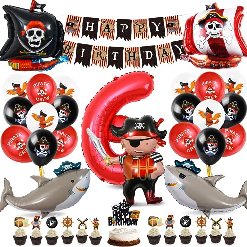 Piraten Geburtstag Deko Set,6 Jahre Kindergeburtstag Piraten Deko,Pirat Folienballon 6 mit Happy Birthday Banner und Tortendeko für Junge Mädchen Geburtstag Halloween von Bluelves