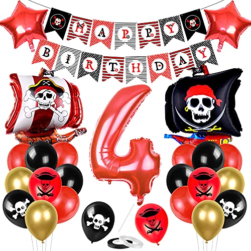 Bluelves Piraten Kindergeburtstag Luftballons Set, Piratenschiff Geburtstag Deko, Geburtstagsdeko 4 Jahr Jungen, 4 Jahr Geburtstag Deko, für Kindergeburtstag Geburtstagsfeier von Bluelves
