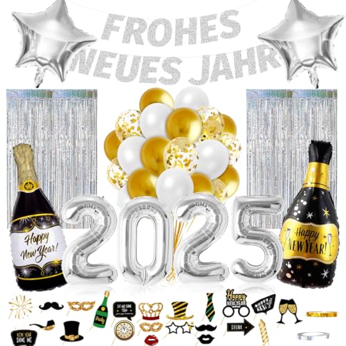 Silvester Deko 2025 XXL, New Year Decoration, FROHES NEUES Jahr Girlande, 2025 Folienballon, Fotorequisiten, Lametta Vorhang, Luftballons Gold Weiß für Silvester Neujahr 2025 Party Deko Silber Silvester Deko 2025 XXL, New Year Decoration, FROHES NEUES Jahr Girlande, 2025 Folienballon, Fotorequisiten, Lametta Vorhang, Luftballons Gold Weiß für Silvester Neujahr 2025 Party Deko Silber von Bluelves