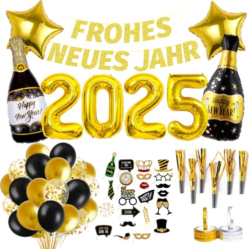 Silvester Deko 2025 XXL, New Year Decoration, FROHES NEUES Jahr Girlande, 2025 Folienballon, Fotorequisiten, Luftschlangen, Partytröten, Luftballons Schwarz Gold für Silvester Neujahr 2025 Party Deko Silvester Deko 2025 XXL, New Year Decoration, FROHES NEUES Jahr Girlande, 2025 Folienballon, Fotorequisiten, Luftschlangen, Partytröten, Luftballons Schwarz Gold für Silvester Neujahr 2025 Party Deko von Bluelves