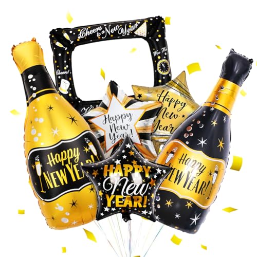 Silvester Deko 2025 XXL, 6 Stück Silvester Folienballon, Happy New Year Deko Ballons, Champagner Stern Folienballons Schwarz Gold, 2025 Silvester Party Deko, 2025 Neujahrs Luftballons Silvester Deko 2025 XXL, 6 Stück Silvester Folienballon, Happy New Year Deko Ballons, Champagner Stern Folienballons Schwarz Gold, 2025 Silvester Party Deko, 2025 Neujahrs Luftballons von Bluelves