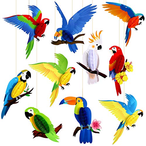 Blulu 10 Stück Tropische Vögel Bienenwabe Papier Ausschnitte Papagei Bienenwabe, Hawaiianischer Sommer Strand Luau Regenwald Party Hängende Dekoration von Blulu