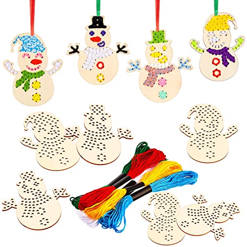 Blulu 10 Stück Weihnachten Holz Kreuzstich Bastelset Basteldeko Kreuzstich für Anfänger Nähen und Kreuzstich Set zum Weihnachtsbaum für Kinder und Erwachsene (Schneemann Stil) von Blulu