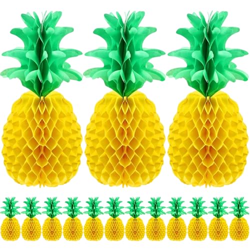 Blulu 35,6 cm große Ananas-Waben-Tafelaufsätze aus Seidenpapier, Ananas, Tischdekoration, hängende Dekorationen für tropische Luau, hawaiianischer Dschungel, Partyzubehör (15 Stück) von Blulu