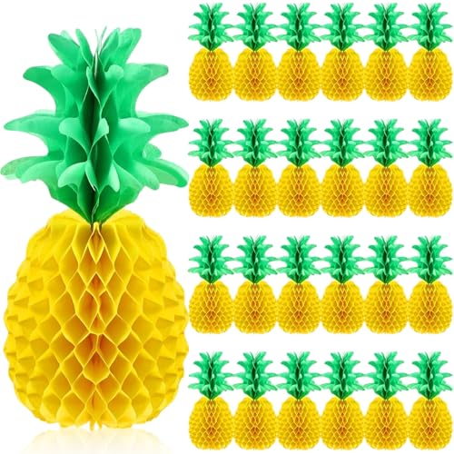 Blulu 35,6 cm große Ananas-Waben-Tafelaufsätze aus Seidenpapier, Ananas, Tischdekoration, hängende Dekorationen für tropische Luau, hawaiianischer Dschungel, Partyzubehör (24 Stück) von Blulu