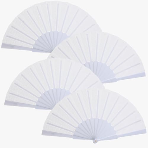 Blulu 4 Stück Hand-Faltfächer kleine chinesische Handfächer aus orientalischem Stoff für Tanzen, Party, Hochzeitsgeschenke, Basteln, Heimdekorationen (weiß) von Blulu