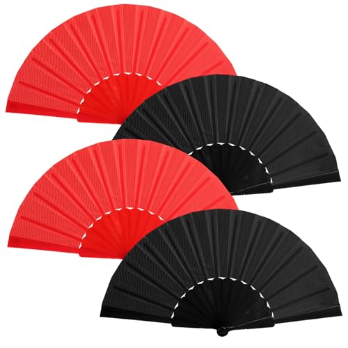 Blulu 4 Stück Handfächer Faltfächer Kleine Chinesische Handfächer aus orientalischem Stoff für Tanzen, Party, Hochzeitsgeschenke, Handwerk DIY, Heimdekorationen (Schwarz und Rot) von Blulu