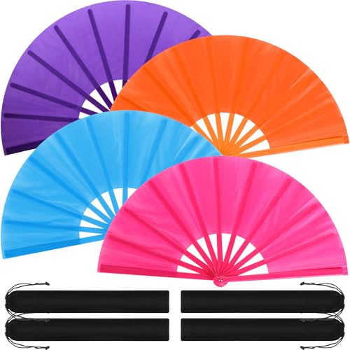 Blulu 4 große Faltfächer für Line Dancing Big Silk Hand Clapping Popping Fans Bulk für Tanzstiefel auf dem Boden Festival Party Dekoration (klassischer Stil, lila, blau, orange, pink, 33 cm) von Blulu