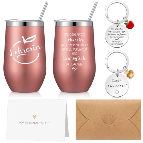 Blulu 4er Set Dankeschön Geschenke für Lehrer 16 oz Edelstahl Thermosbecher Schlüsselanhänger mit Anhänger Dankeskarte Umschlag Danke Abschied Geschenk für Erzieherin Kindergarten(Apfel Stil) von Blulu