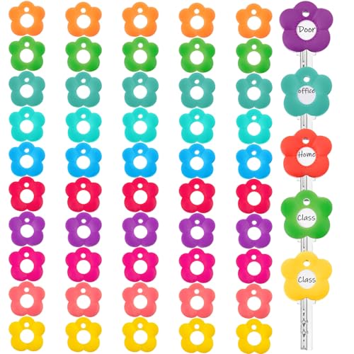 Blulu Farbige Schlüsselabdeckungen, 2,5 cm, mit leeren weißen Karton-Etiketten und transparenter Kunststofffolie für Hausklassifizierung, 50 Stück (Regenbogenfarbe, Blume) von Blulu