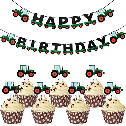 Farm Green Tractor Theme Party-Dekorationen, Enthält Green Tractor Happy Birthday Banner und 28 Stück Green Tractor Cupcake Toppers Tractor Cupcake Picks für Babyparty Farm Themenpartys Lieferungen von Blulu