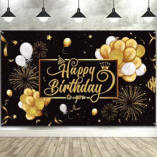 Happy Birthday Backdrop Banner Large Black Gold Balloon Star Fireworks Party Sign Poster Photo Booth Backdrop for Men Women 30th 40th 50th 60th 70th 80th Birthday Party Decorations, 72.8 x 43.3 Inch von Blulu