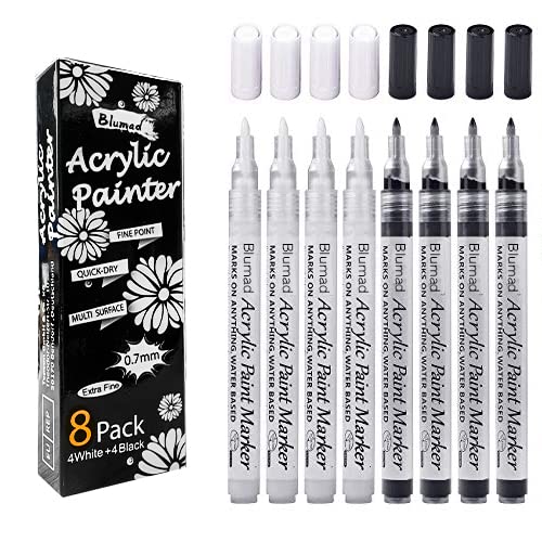 Schwarz Weiß Acrylstifte, 0,7mm Permanent Marker Stifte Wasserfest Dünne Spitze Acrylfarben Stifte Steine Bemalen , Keramik Holz Metall Papier Glas Stoffe Kunststoff Leder DIY 8 Stück von Blumad