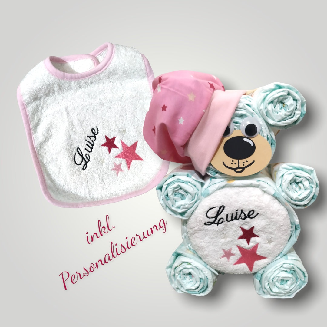 Ausgefallenes Geschenk Zur Geburt Personalisiert - Windelbär, Windeltorte, Windelgeschenk, Lätzchen Mit Namen Bestickt Stickerei Mädchen Ausgefallenes Geschenk Zur Geburt Personalisiert - Windelbär, Windeltorte, Windelgeschenk, Lätzchen Mit Namen Bestickt Stickerei Mädchen von Blumbi