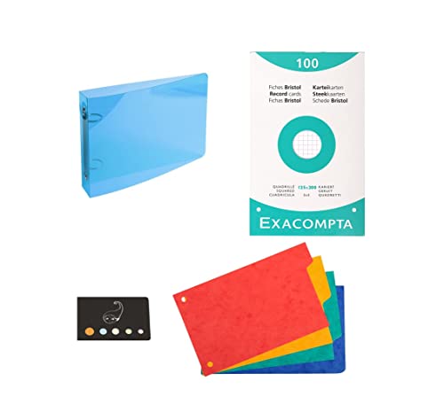 Packung mit 1 Ringbuch aus Polypropylen, transparent, 125 x 200 mm + 100 Karteikarten, kariert, Blacnhes + 4 Trennblätter + 1 Index Blumie (blau + weiß) von Blumie Shop